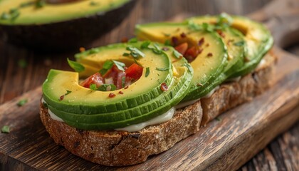 Avocado Toast: A delightful close-up presents a meticulously crafted avocado toast, featuring slices of creamy avocado arranged atop a bed of whole-grain bread and garnished with fresh herbs