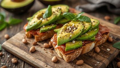 Avocado Toast Delight: A mouthwatering close-up of artisan toast topped with creamy avocado slices, complemented by a sprinkle of seasoning and fresh basil leaves, resting on a wooden board.