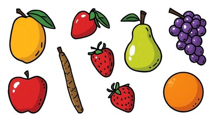 Assortment of Fresh Fruits: A vibrant array of hand-drawn fruits, including mango, strawberries, pear, grapes, apple, orange and more. Celebrating the bounty of nature's flavors.