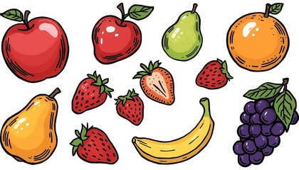  Orchard's Bounty: An array of vibrant fruits, including apples, pears, strawberries, grapes, an orange, and a banana. Each element.