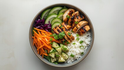 Grilled Chicken Rice Bowl: A delectable and artfully arranged rice bowl with grilled chicken, vibrant vegetables and fresh garnishes, is a feast for the eyes and the palate.