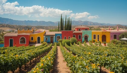 Colorful Vineyard Estate: An exquisite vineyard estate features a stunning display of vibrant colors against the backdrop of rolling hills. The scene portrays harmony between nature and architecture.