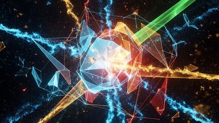 Dynamic abstract geometric structure with glowing energy beams and colorful polygons in a dark space.