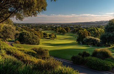 Obraz premium Panoramic park Sunrise with Rolling Greens,Ideal for golf resort promotions, luxury lifestyle visuals, travel content, or outdoor recreation campaigns.