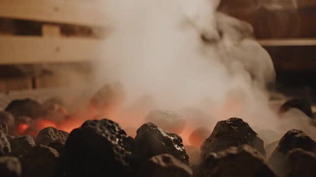 Water pouring on hot sauna stones, creating steam and a relaxing spa experience with wooden background