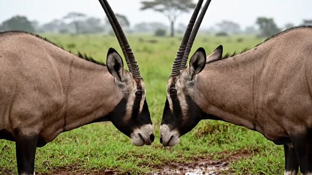 Two oryx drinking water in a muddy watering hole in the African savanna on a cloudy day