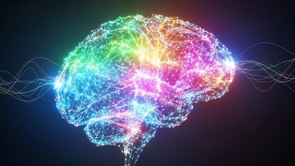 A vibrant, glowing, abstract representation of a human brain with interconnected light points and energetic waves, symbolizing thought and neural activity.