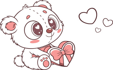 A cute cartoon teddy bear holding a pink heart vector illustration for a Valentine gift card design