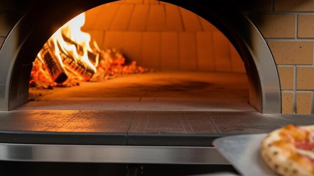A pizza is cooked in a brick oven with flames.