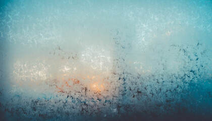 Fototapeta premium Frosty Window: Capturing a close-up view of a frosted window, where delicate ice crystals and condensation form an abstract artwork, creating an atmosphere of winter or cold weather. 