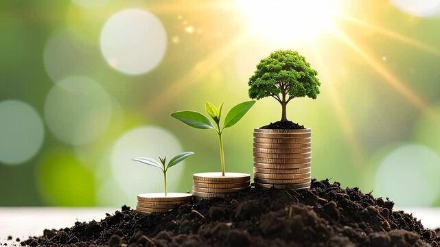 Conceptual image showing financial growth with coins and plants, symbolizing investment and prosperity.