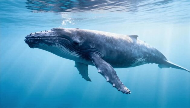 Slow continuous whale pass as loopable background video for world whale day and professional business presentation background