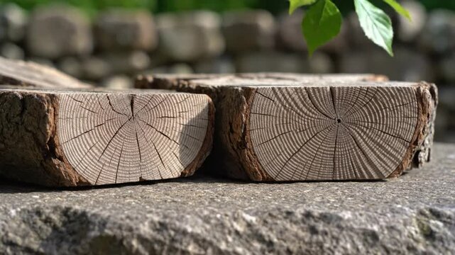 Close up view of two wooden blocks with the natural tree rings and green leaves in background