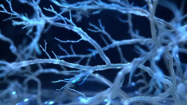 Mystic blue neuron network nerve synapse, abstract brain biology science medical anatomy background, organic electric fiber structure and surreal futuristic neural network pattern