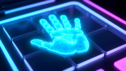 Futuristic Biometric Identity Verification system featuring a glowing blue handprint scan on a digital interface, symbolizing advanced data security and personal access technology. - Powered by Adobe