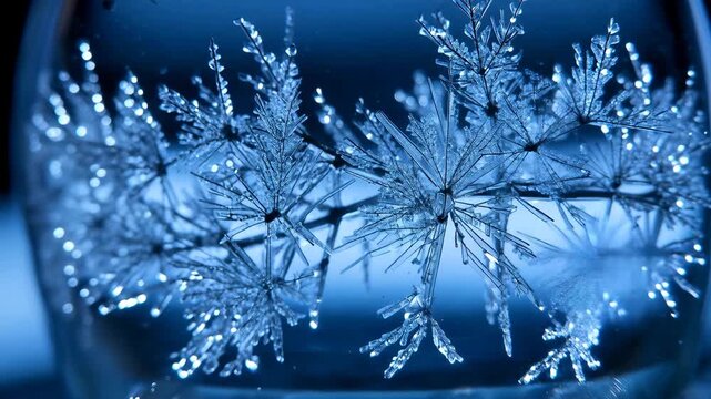 Frozen crystal ice pattern snowflake macro winter blue cold abstract nature detail texture sparkle closeup fragile structure delicate branch frozen water serene seasonal sparkling symmetry background