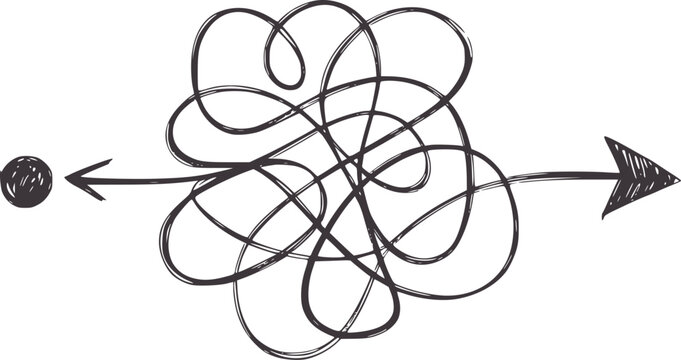 Hand drawn of a chaotic scribble path with arrows indicating direction chaos