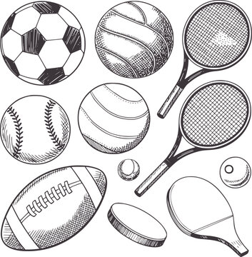 Hand drawn of various sports balls and equipment soccer volleyball baseball football