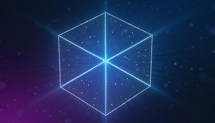 A glowing blue cube with a starry night sky background and radiant lines, conveying a futuristic and technological mood with a dark, gradient color scheme.