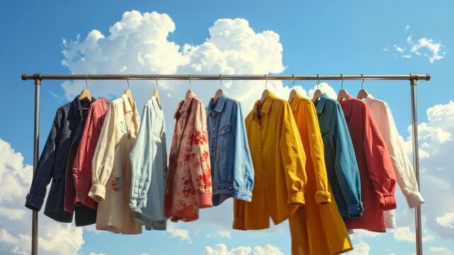 Colorful assortment of shirts and jackets hanging on a rack against a bright blue sky.