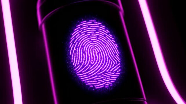 Futuristic Biometric Identity Verification system with glowing purple fingerprint display and neon lights, representing advanced digital security and access control.