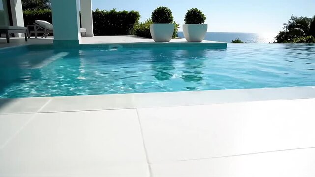 Luxurious infinity pool overlooking a turquoise ocean with modern architecture and lush greenery a serene escape embodying high-end coastal living and relaxation