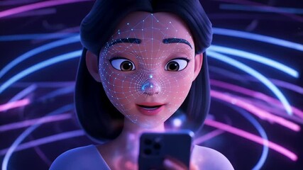 Animated woman engaging with secure Biometric Identity Verification on her smartphone, reflecting the future of AI technology and seamless digital access. - Powered by Adobe