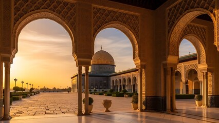 Arched Walkway Leading to Dome Shaped Building at Sunset