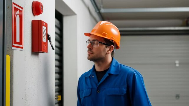 Industrial worker performing maintenance on a fire alarm system. Man technician testing emergency equipment for building safety.