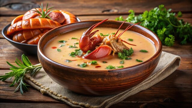 Savory rich lobster bisque in a rustic ceramic bowl, garnished with fresh herbs and a dollop of creamy drizzle