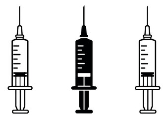 Minimalist syringe icons set featuring outline and solid black designs for medical and healthcare concepts