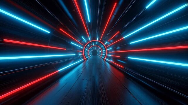 Neon light tunnel with red and blue lines