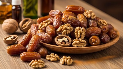 Dates and Walnuts on a Wooden Table