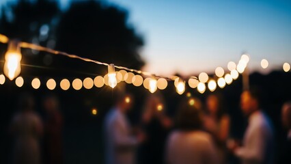 People gathering under string lights at dusk