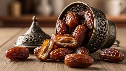 Dates spilling from an ornate metal container
