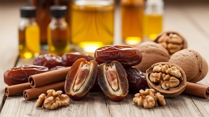 Dates and Spices on Wooden Surface