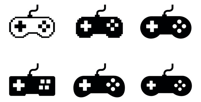 Retro pixel and modern solid style video game controller icon set featuring different gamepad designs for gaming applications and user interface design