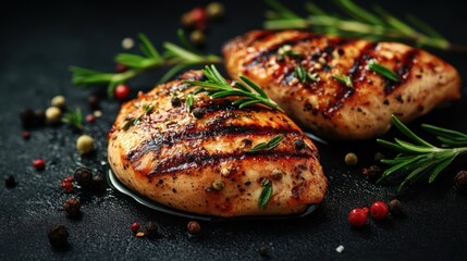 Delicious grilled chicken breast with rosemary and peppercorns on a dark surface, a culinary delight for food enthusiasts