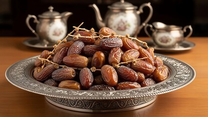 Dates in ornate metal bowl on wooden table