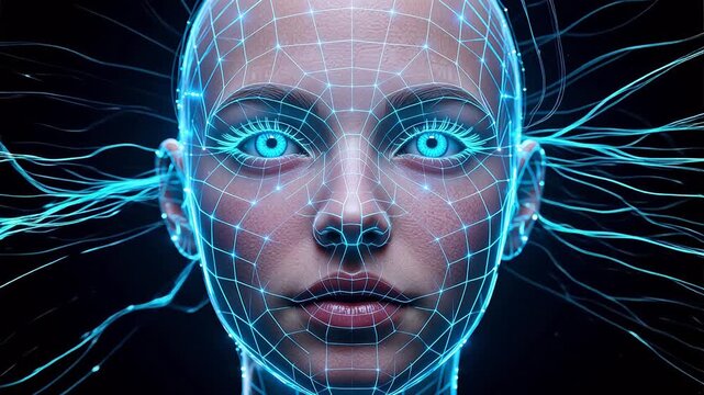 Digital face with wireframe and glowing elements