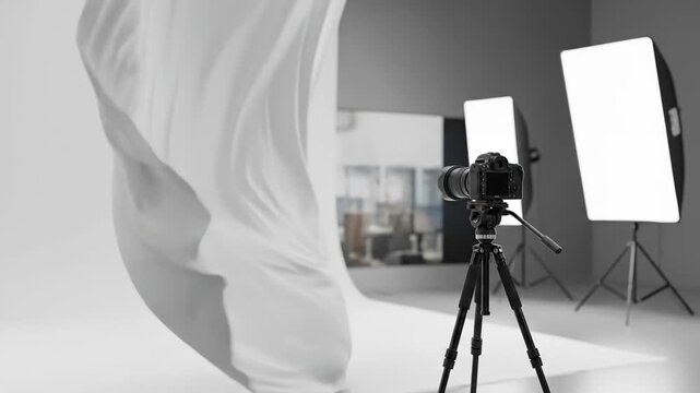 Professional photography studio setup with camera on tripod and lighting equipment.