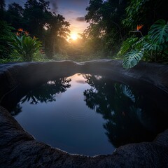 Tranquil tropical jungle pool reflects a serene sunset, with vibrant Bird of Paradise flowers