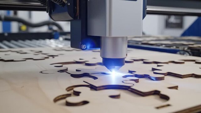 Laser Cutter Engraves Wooden Puzzle Pieces Accurately and Precisely in a Manufacturing Process