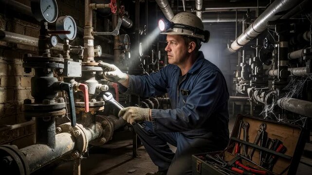 Plumber repairing water pipe with wrench in building basement. Man working on plumbing system maintenance.
