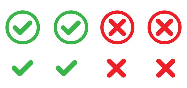 Check Mark and Cross Icon Set - Vector Green Tick and Red X Symbol Collection for Web and App UI Validation,Check mark and cross mark icons. Green and red circles
