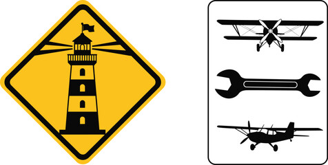 Warning signs illustration, lighthouse symbol, aviation maintenance, biplane silhouette, wrench icon, monoplane silhouette, navigational caution, coastal safety, aircraft repair, aviation signage © Itz Marjia
