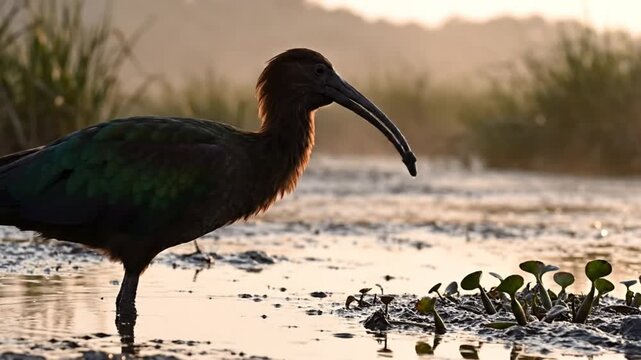 Morning glimpse of a glossy ibis probing for food in shallow wetland water near green vegetation.