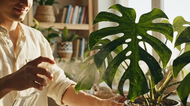 Man carefully spraying a beautiful monstera plant with water, caring for the indoor greenery and home garden.