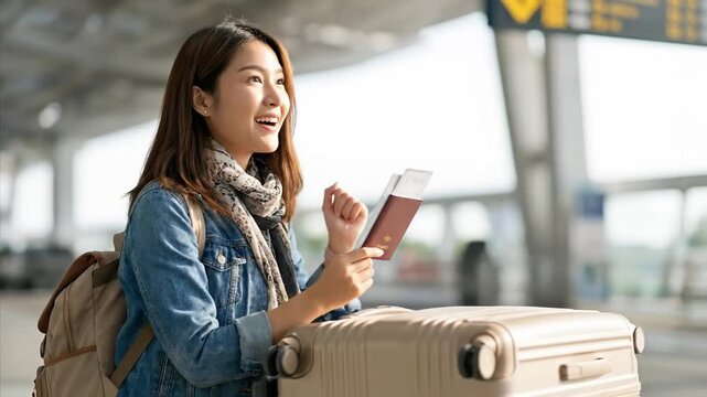 A joyful young Asian woman, dressed casually with a denim jacket and a patterned scarf, stands confidently with her beige rolling suitcase and backpack at a bright transportation hub. She holds her tr