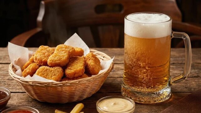 A mouth-watering close-up shot of a classic pub-style meal featuring a generous serving of crispy, golden-brown fried appetizers, resembling chicken nuggets, piled high in a charming wicker basket lin